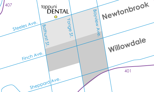 Willowdale/Newtonbrook map with dentist location